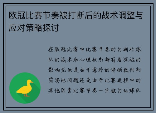 欧冠比赛节奏被打断后的战术调整与应对策略探讨